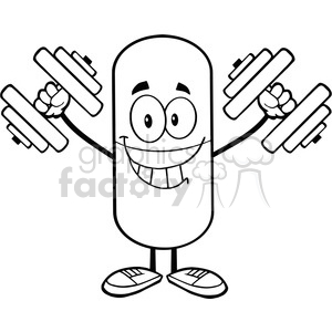 6303 Royalty Free Clip Art Black and White Pill Capsule Character Training With Dumbbells