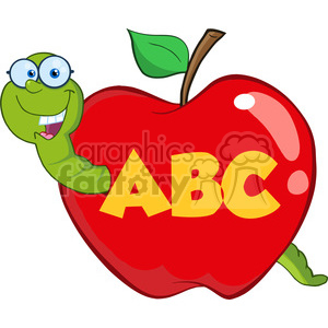   6246 Royalty Free Clip Art Happy Worm In Red Apple With Glasses And Leter ABC 