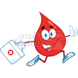 6181 Royalty Free Clip Art Smiling Red Blood Drop Character Running With A Medicine Bag