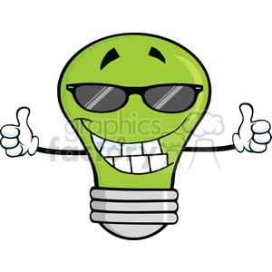 6161 Royalty Free Clip Art Smiling Green Light Bulb With Sunglasses Giving A Double Thumbs Up