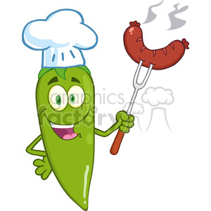 6792 Royalty Free Clip Art Cute Green Chili Pepper Chef With Sausage On Fork