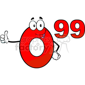 A humorous cartoon character representing the number '0' giving a thumbs up next to the number '99', indicating a 99 cents price.