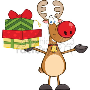   6684 Royalty Free Clip Art Happy Rudolph Reindeer Holding Up A Stack Of Gifts 