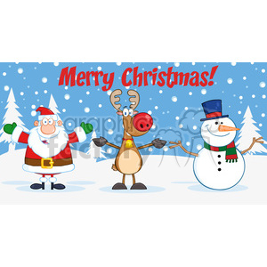 A funny Christmas clipart featuring Santa Claus, a reindeer with a large red nose, and a smiling snowman. They are surrounded by snow and Christmas trees, with snowflakes falling. The text 'Merry Christmas!' is displayed at the top.