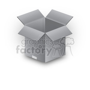 Clipart image of an open cardboard box, depicted in a simple, grey, three-dimensional style.