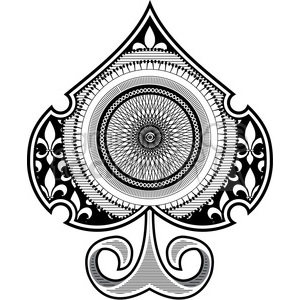 In the clipart image, there is an intricate and artistic representation of a spade symbol, commonly associated with playing cards. The design is ornamental and detailed, featuring patterns that resemble spirograph drawings within the body of the spade. The patterns are symmetrical and display a mix of geometric and organic shapes, including circular motifs that radiate outwards from the center, creating an eye-like appearance, as well as curves and floral elements around the edges.