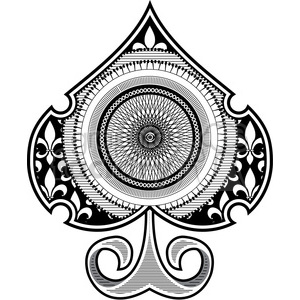   In the clipart image, there is an intricate and artistic representation of a spade symbol, commonly associated with playing cards. The design is ornamental and detailed, featuring patterns that resemble spirograph drawings within the body of the spade. The patterns are symmetrical and display a mix of geometric and organic shapes, including circular motifs that radiate outwards from the center, creating an eye-like appearance, as well as curves and floral elements around the edges. 