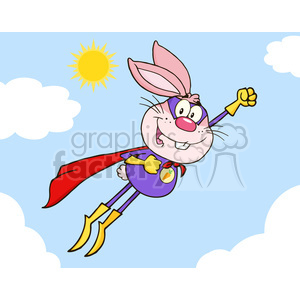 A humorous comic illustration of a bunny rabbit dressed as a superhero, flying through the sky with a red cape.