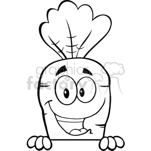 A black-and-white clipart image of a happy, smiling cartoon carrot with large eyes and leafy greens on top, peeking over a surface.