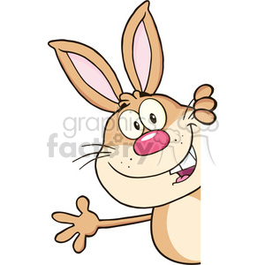   Cute Brown Rabbit Cartoon Character Looking Around A Blank Sign And Waving 