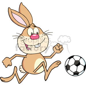   The image shows a cartoon rabbit character running to kick a soccer ball. The rabbit looks playful and is depicted mid-stride with one foot outstretched towards the ball. Its large ears are perked up, and it has a joyful expression on its face with its tongue sticking out. 