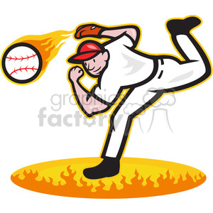   The image is a stylized clipart depiction of a baseball pitcher mid-action. The pitcher is shown in a dramatic pitching pose, with one leg lifted high and the throwing arm extended back, ready to release the baseball. The ball itself is animated with a fiery tail to represent speed or a powerful throw. The pitcher is in a traditional baseball uniform, with a cap, glove, and cleats, and stands on a mound that is illustrated with flames, possibly indicating a powerful pitch or 