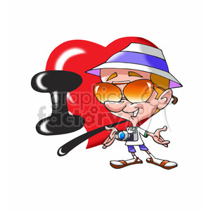   The image is a colorful cartoon clipart depicting a caricature of a tourist. The character is wearing a wide-brimmed hat with blue and purple stripes, large orange sunglasses, a white shirt with a camera hanging around the neck, and brown sandals. They have a happy expression on their face and are standing confidently with an arm outstretched to the side, against the backdrop of a large red heart. A black letter "I" makes up the saying "I love xx" ,  a bit like "I love NY"  