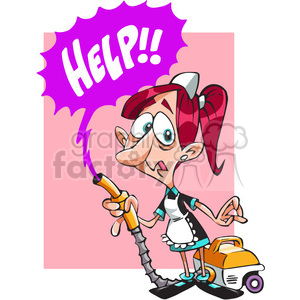 maid holding a vacuum saying help