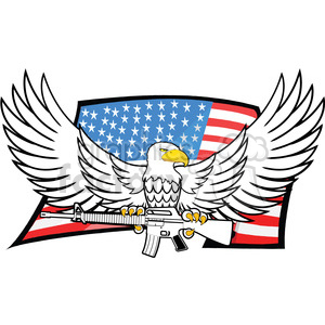 The clipart image shows an eagle, a symbol of America, holding a gun in its talons while flying. The eagle is superimposed over the American flag and appears to be carrying the weapon as a sign of freedom and strength.