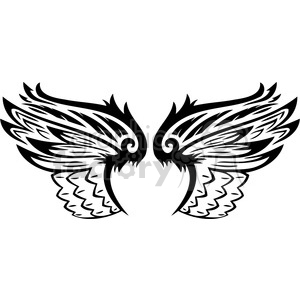 A black and white clipart image of stylized wings with intricate patterns and shapes, resembling a tribal design.