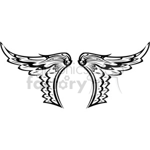 Black and white tribal-style wing design in clipart format. The symmetrical wings feature intricate lines and shapes, creating a bold and artistic effect.