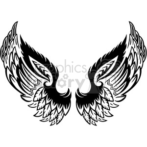 A detailed black and white tribal-style clipart image of a pair of wings. The design is symmetrical with intricate feather patterns and artistic lines.