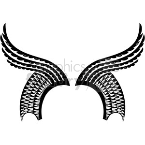 Clipart image of a symmetrical pair of black and white wings with intricate feather details.