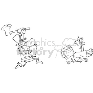 The clipart image displays a cartoonish scenario involving a man and a turkey. The man appears to be running enthusiastically, carrying an axe over his shoulder as if he's in pursuit of something. His large smile and wide-open eyes suggest excitement or determination. On the other side of the image, a turkey with a look of alarm or surprise on its face is running away, glancing back as though it is being chased. The turkey's wings are spread, and its legs are in motion, emphasizing the urgency of its escape attempt.