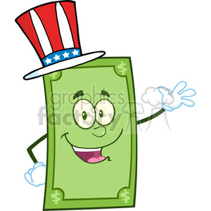 This clipart image features an anthropomorphic dollar bill character. The dollar bill has a friendly face, with eyes, a mouth, and a pink tongue. It is wearing a top hat stylized like the one associated with Uncle Sam, featuring red and white stripes with white stars on a blue band. The dollar character is waving hello with one hand.