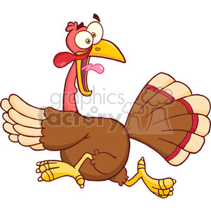   The image shows a cartoon turkey that appears to be running. It has a red wattle and a yellow beak, and its tail feathers are displayed prominently with red banding. Wing feathers are also visible, and it has a somewhat startled or surprised expression. The turkey
