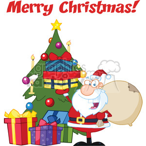 A festive clipart image featuring a decorated Christmas tree, colorful presents, and Santa Claus holding a gift sack, with 'Merry Christmas!' written above.