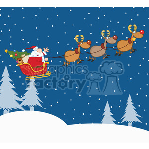 A festive clipart image featuring Santa Claus in a red sleigh pulled by three reindeer, with a decorated Christmas tree and gift bag, flying through a snowy night sky.