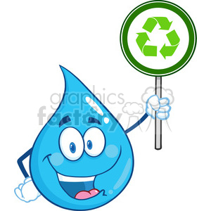 A smiling water drop character holding a sign with a green recycling symbol, promoting water conservation and recycling.