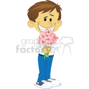 A happy comic character of a boy holding a bouquet of pink flowers, symbolizing Valentine's Day.