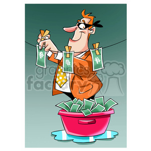 The clipart image depicts a cartoon-style man holding a laundry basket full of cash. The image represents the illegal activity of money laundering, which involves disguising the proceeds of criminal activity as legitimate funds. The laundry basket and washing machine symbolize the process of 
