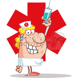 Cartoon-style illustration of a cheerful nurse holding up a large syringe with a red medical cross in the background.