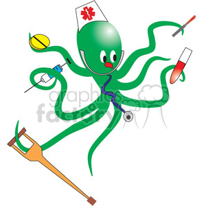   This is a whimsical clipart image featuring an octopus with various medical tools and symbols. The octopus is green with a nurse