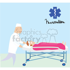   The clipart image depicts a healthcare scene. It shows a figure in a white coat, interpreted as a doctor or paramedic, pushing a hospital bed or gurney with a patient on it. The patient is covered with a pink blanket, and the doctor appears to be taking care of the patient. In the background, there