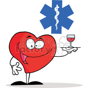 A funny cartoon heart character holding a tray with a glass of wine, standing beside a medical symbol.