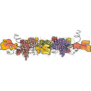 This clipart image features a colorful garland comprising an array of fall leaves and clusters of grapes in various colors. The leaves are stylized with different autumnal shades of red, orange, and yellow, representing the fall season. Interspersed among the leaves are bunches of grapes in shades of pink, green, and purple, adding to the festive and bountiful look of the image. The winding stems and tendril-like vines give a sense of growth and natural fluidity. This image is evocative of the Thanksgiving holiday and the abundance of the autumn harvest.