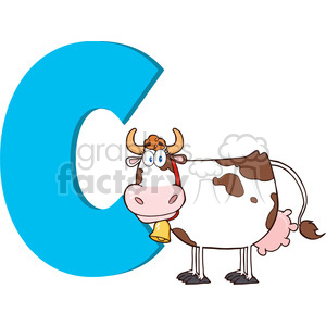 A humorous cartoon cow standing beside a large blue letter C.