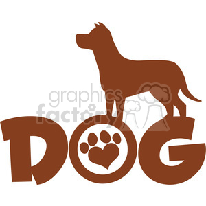 Clipart image of the word 'DOG' with a silhouette of a dog standing on top and a paw print with a heart inside the letter 'O'.