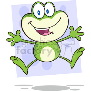 This image displays a cartoon illustration of a happy, green frog with a wide grin. The frog has large, expressive eyes, and it appears to be jumping or dancing joyfully. The background is simplistic, with abstract shapes providing a subtle hint of environment.