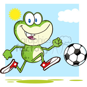 7279 Royalty Free RF Clipart Illustration Cute Green Frog Cartoon Character Playing With Soccer Ball