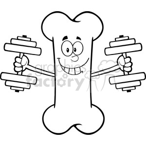 The clipart image shows a cartoon-style drawing of a bone with a funny face, arms, and hands, lifting weights. The bone appears to be anthropomorphized with human-like features, such as eyes, a happy expression, and teeth, which adds a whimsical or comedic aspect to the image.