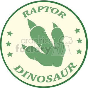 This clipart image features a stylized raptor dinosaur paw print encircled by the words RAPTOR at the top and DINOSAUR at the bottom. The paw print is centered inside a round badge that is outlined by a slightly darker border. Surrounding the paw print are six stars, symmetrically placed around the print, three on each side. The color scheme of the image is a gradient of green tones.