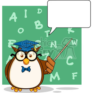 Wise Owl Teacher Cartoon Mascot Character With A Speech Bubble And Background