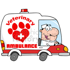   The clipart image shows a cartoon of a veterinary ambulance. You can see a smiling character who appears to be the vet, wearing a white coat, driving the ambulance. The side of the vehicle features a large graphic of a paw print in a heart shape with a cross, and the word Veterinary at the top and AMBULANCE at the bottom, both in bold red letters. 