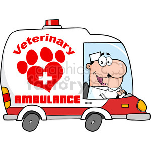 The clipart image shows a cartoon of a veterinary ambulance. You can see a smiling character who appears to be the vet, wearing a white coat, driving the ambulance. The side of the vehicle features a large graphic of a paw print in a heart shape with a cross, and the word Veterinary at the top and AMBULANCE at the bottom, both in bold red letters.