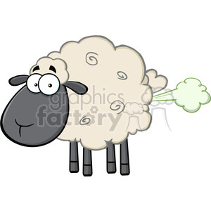 The image depicts a cartoon sheep with a funny expression, big eyes, and a cloud of gas coming from its rear, indicating that it is farting.
