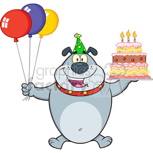 Happy Cartoon Dog with Birthday Hat, Balloons, and Cake