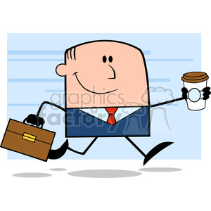   Royalty Free RF Clipart Illustration Lucky Businessman Running To Work With Briefcase And Coffee Cartoon Character On Background 