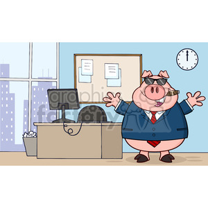 A cartoon pig character in an office setting, wearing a blue suit, red tie, and sunglasses, holding a cigar and smiling. The office has a desk, computer, chair, bulletin board, trash bin, clock, and a window with a cityscape view.