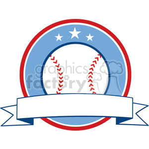 Clipart image of a baseball within a circular emblem, featuring a blue background, red stitching, three white stars on a blue background, and a blank ribbon at the bottom.